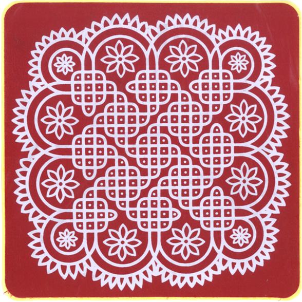 Mandala cuadrada con esquinas redondeadas, rojo oscuro con un patrón blanco tierno